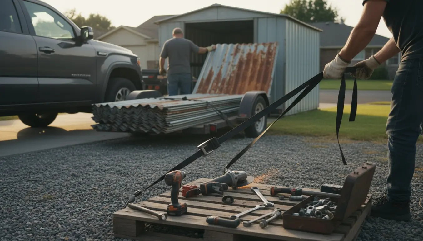 Arbejdere demonterer et lille metalskur og læsser metalplader på en trailer i en indkørsel.