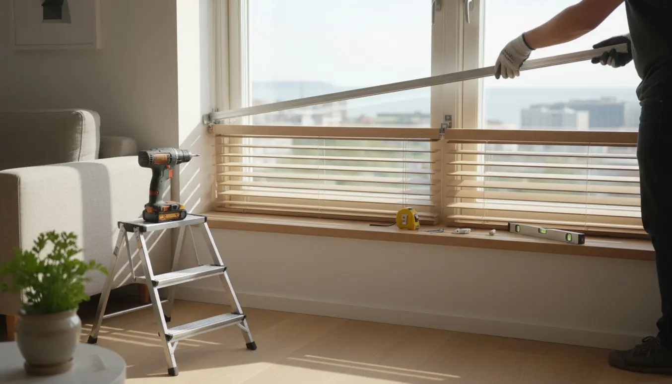 Hænder monterer persienner i en lys, skandinavisk lejlighed.