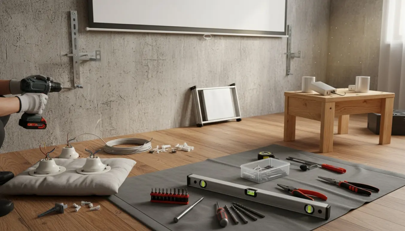 Arbejder monterer et projektorlærred på en rå betonvæg med værktøj og væglamper klar til opsætning.