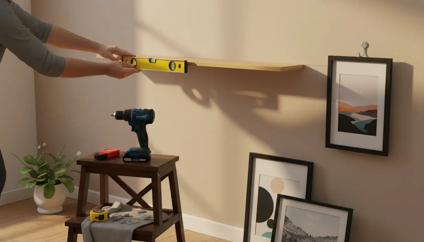 Hænder monterer en træhylde og justerer billedrammer på en væg med bor, vaterpas og målebånd i blødt dagslys.