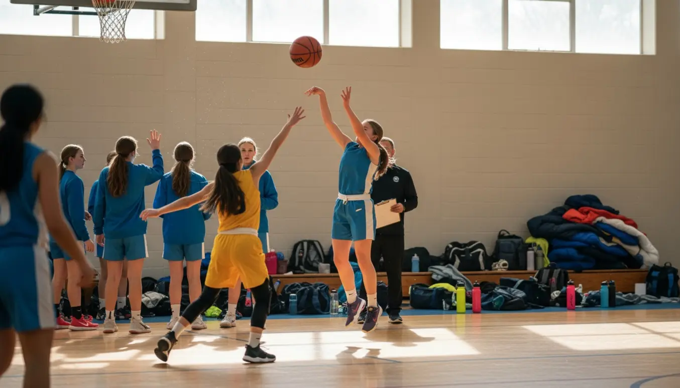 Actionfoto fra pigebasketstævne indendørs med spiller i hopskud, hold på sidelinjen og tasker i baggrunden.