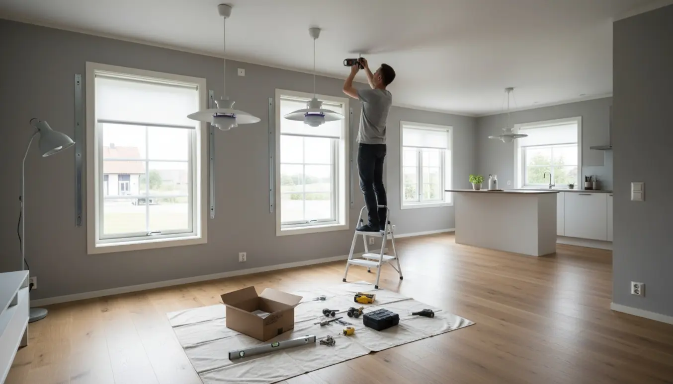 Hænder monterer lamper og rullegardiner i en lys stue og køkken med værktøj og stige.