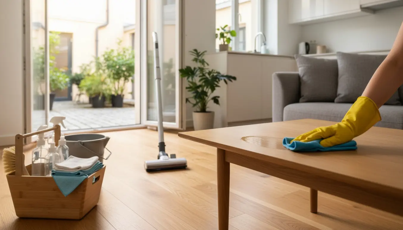 Hænder i gummihandsker tørrer et lyst stuebord i en ryddelig solbeskinnet lejlighed med rengøringsspand og støvsuger i baggrunden.