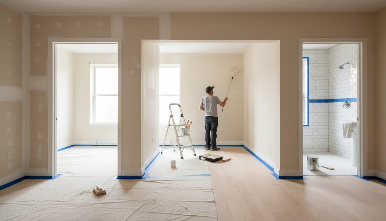 En handyman maler tre rum og et lille badeværelse med afdækningspap, spartel, malerværktøj og malertape.