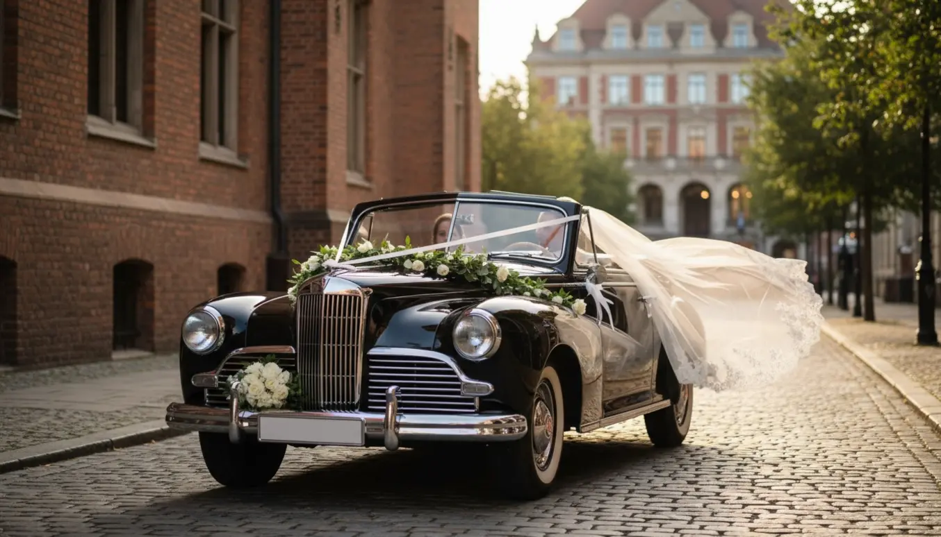 Klassisk brudebil på brostensgade foran historisk rådhus, dekoreret med hvide bånd og blomster på vej mod Hostrups Hotel.