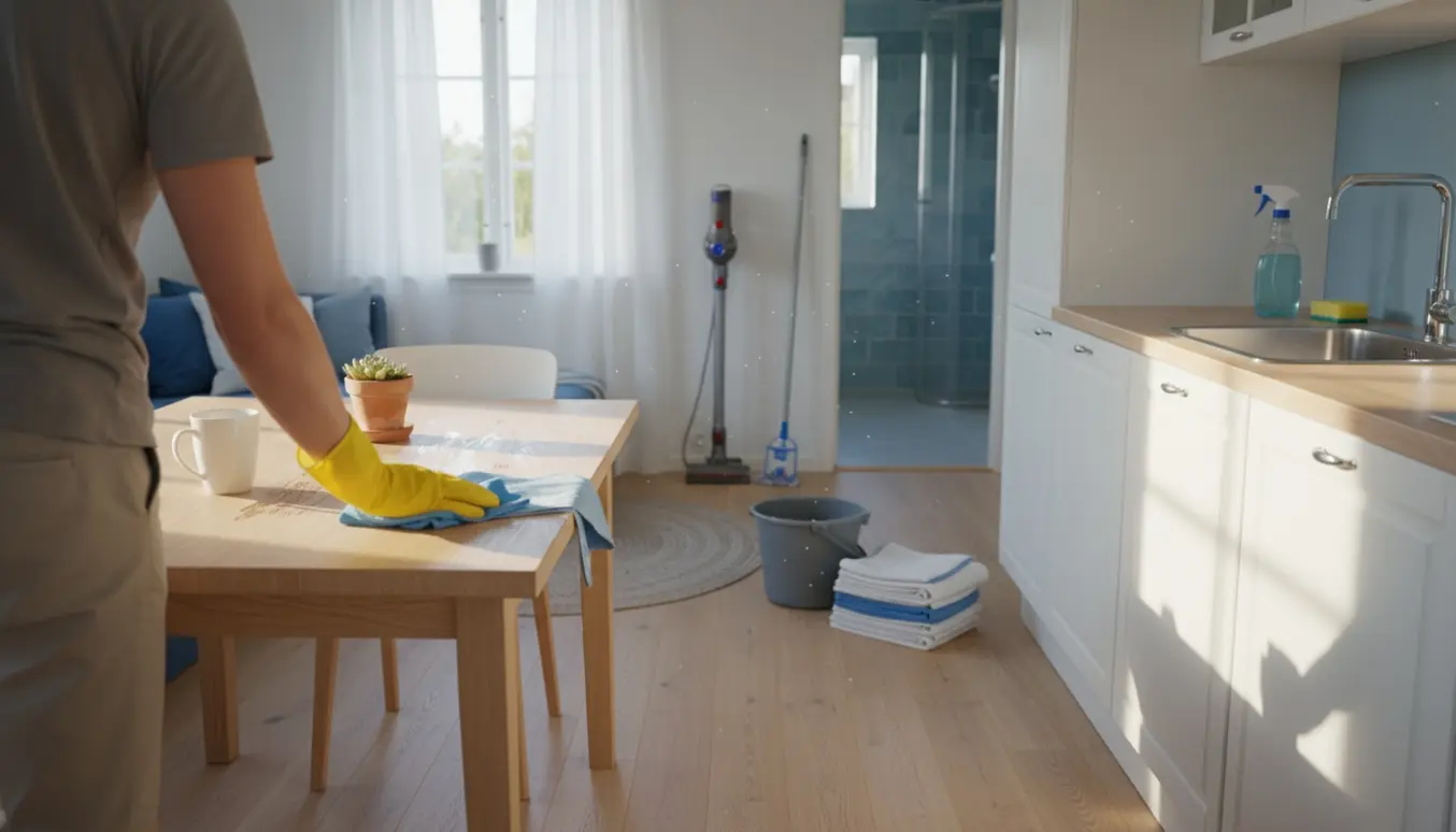 Lyst sommerhusinteriør hvor en rengøringsperson tørrer et bord af med rengøringsudstyr i baggrunden.