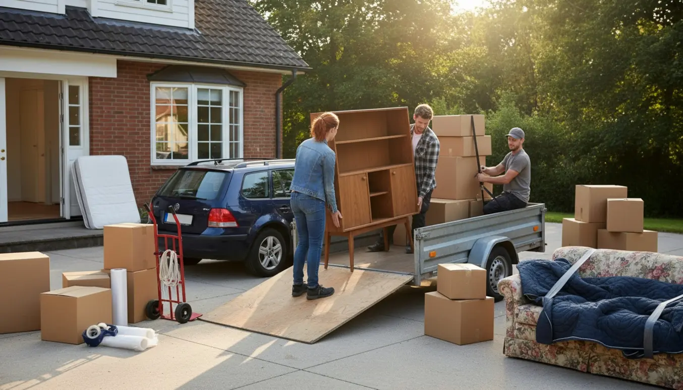 To personer læsser møbler og flyttekasser på en trailer ved et hus i varmt eftermiddagslys.