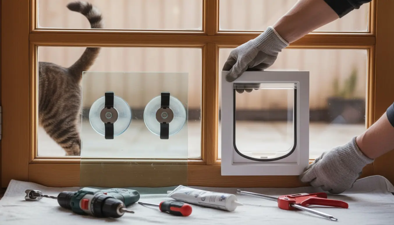 Hænder monterer en kattelem i nederste rude på en tredelt glasdør, med værktøj og en nysgerrig kat i baggrunden.