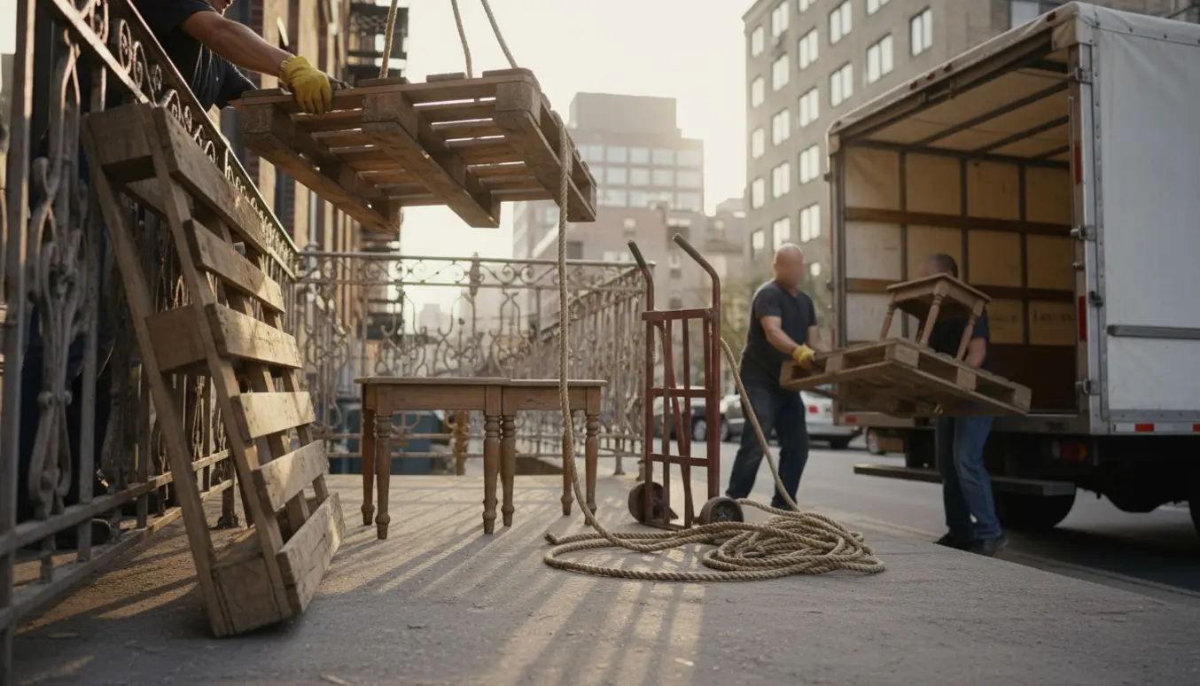 Seks træpaller og små træborde bæres ned fra en fjerde sal og læsses i en åben varevogn.