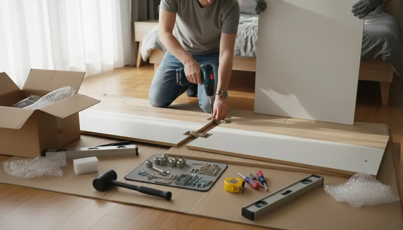 Delvist monteret garderobeskab i et lyst soveværelse med værktøj og hænder, der fastgør en skabsplade.