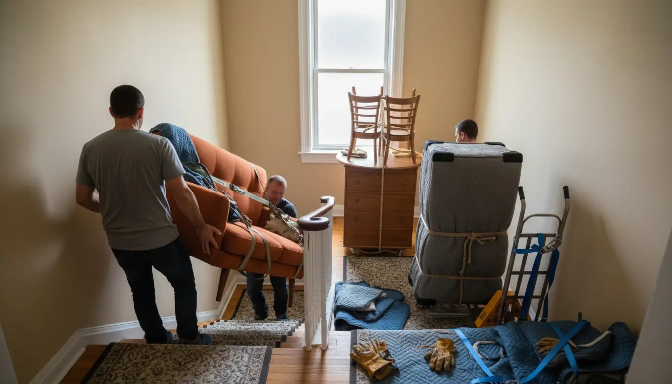 Flyttehjælp bærer sofa og indpakket kommode op ad trappe til 1. sal uden elevator.