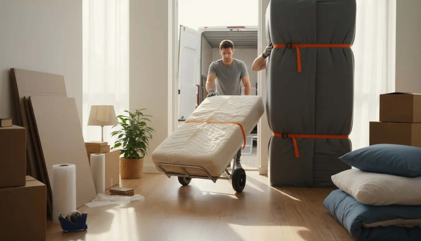 Delvist adskilt seng og skab bæres gennem en lejligheds døråbning under en privat flytning, omgivet af flyttekasser og emballage.
