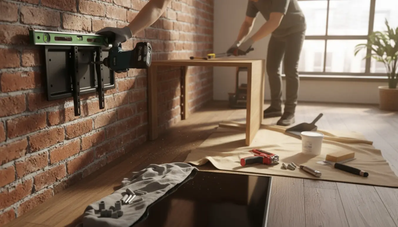 Hænder monterer en fladskærm på en murstensvæg, mens et indbygget træbord fjernes med værktøj på en afdækningsdug.