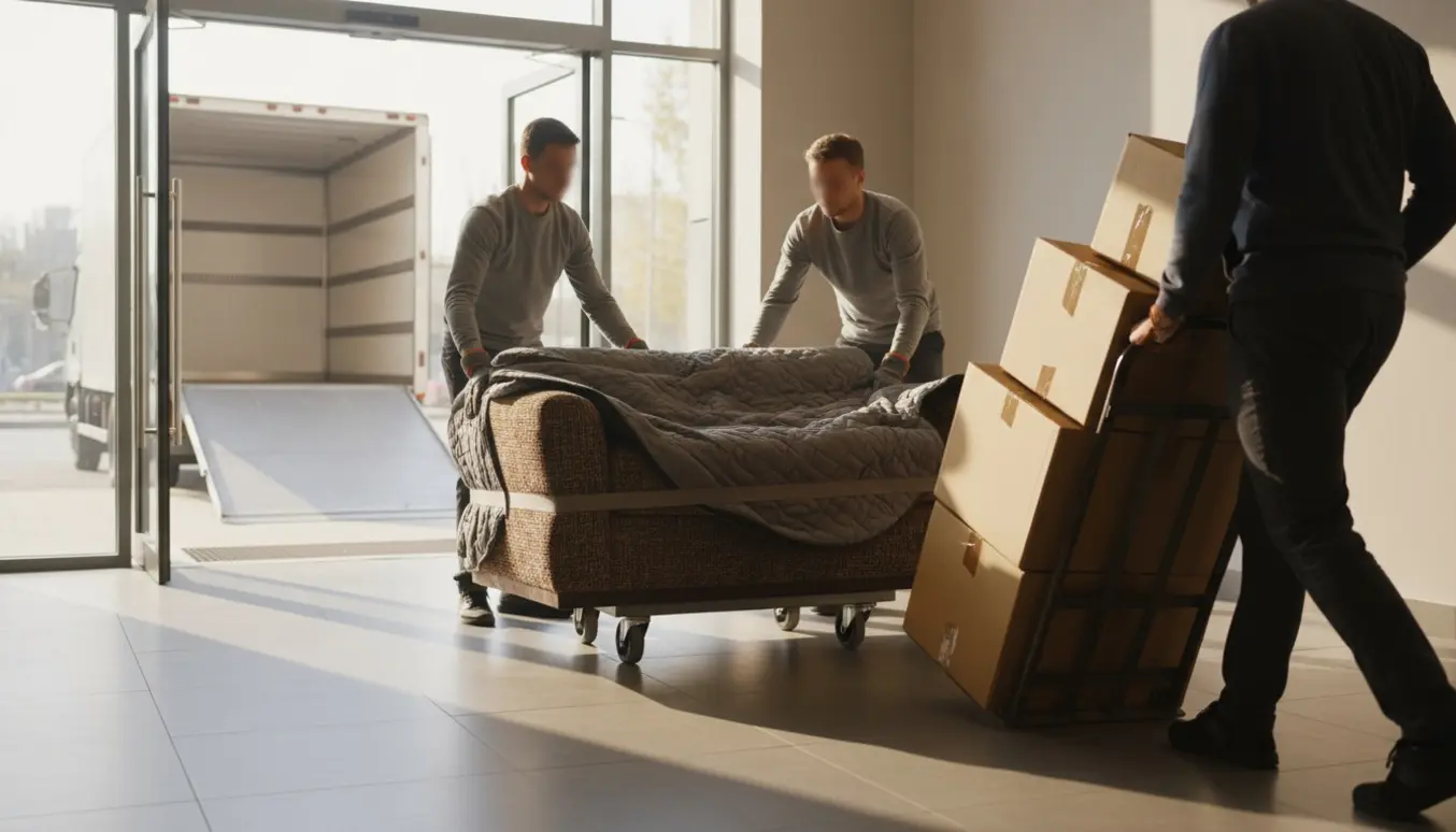 Flyttefolk læsser sofa og kasser gennem opgangen mod elevatoren med flyttevogn udenfor.