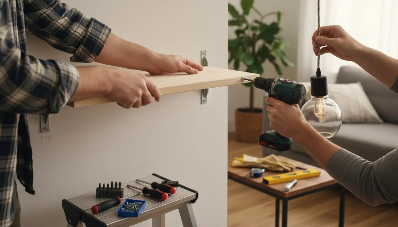 Nærbillede af hænder, der monterer en lille træreol med vinkelbeslag og gør klar til at hænge en lampe på en lys væg.