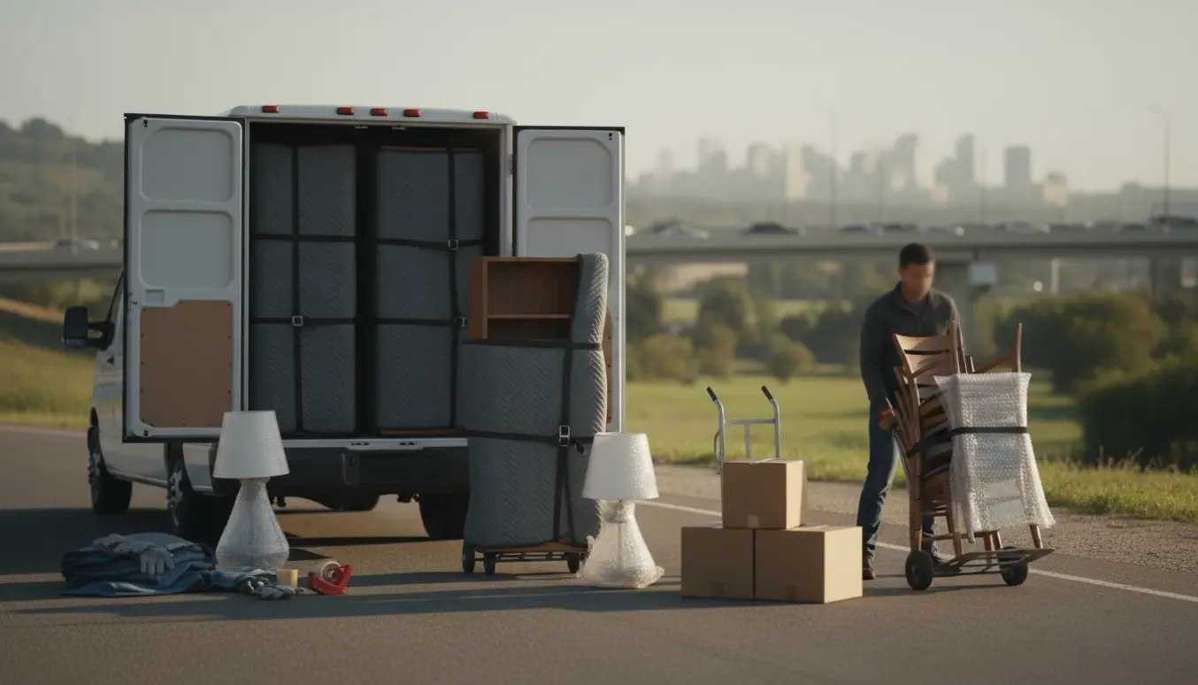 Flyttefolk læsser reoler, stole, lamper og flyttekasser i en varevogn ved en motorvej nær København.