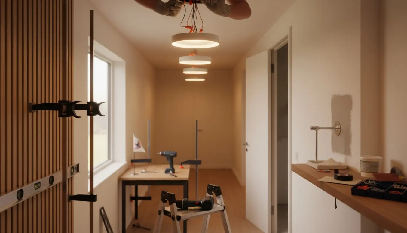 Hænder monterer en ny lampe i en lys gang med værktøj, ribbe, skrivebord og vægreparation i baggrunden.