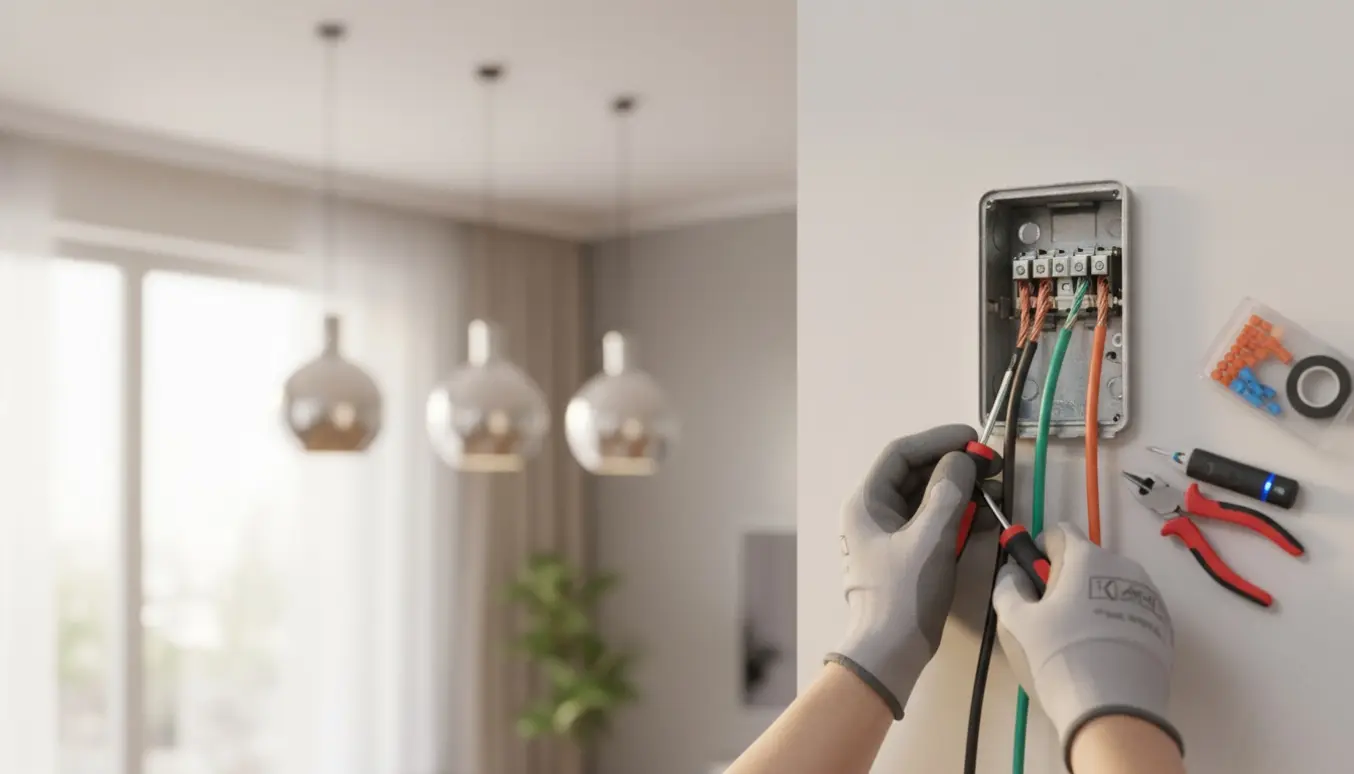 Nærbillede af hænder, der kobler tre lamper til en vægkontakt i en lys stue.