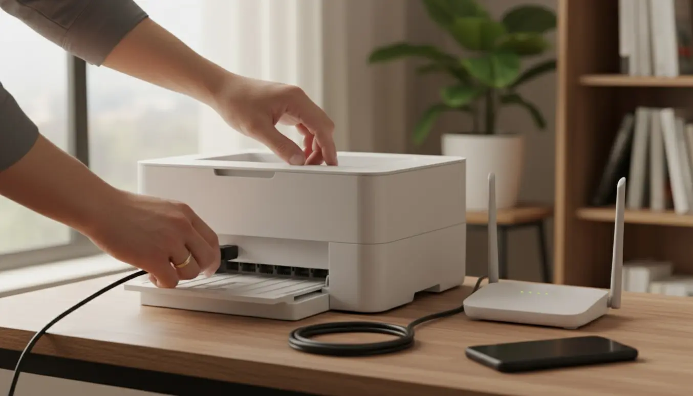 Hænder tilslutter en kompakt trådløs printer til en bærbar computer på et lyst hjemmekontor.