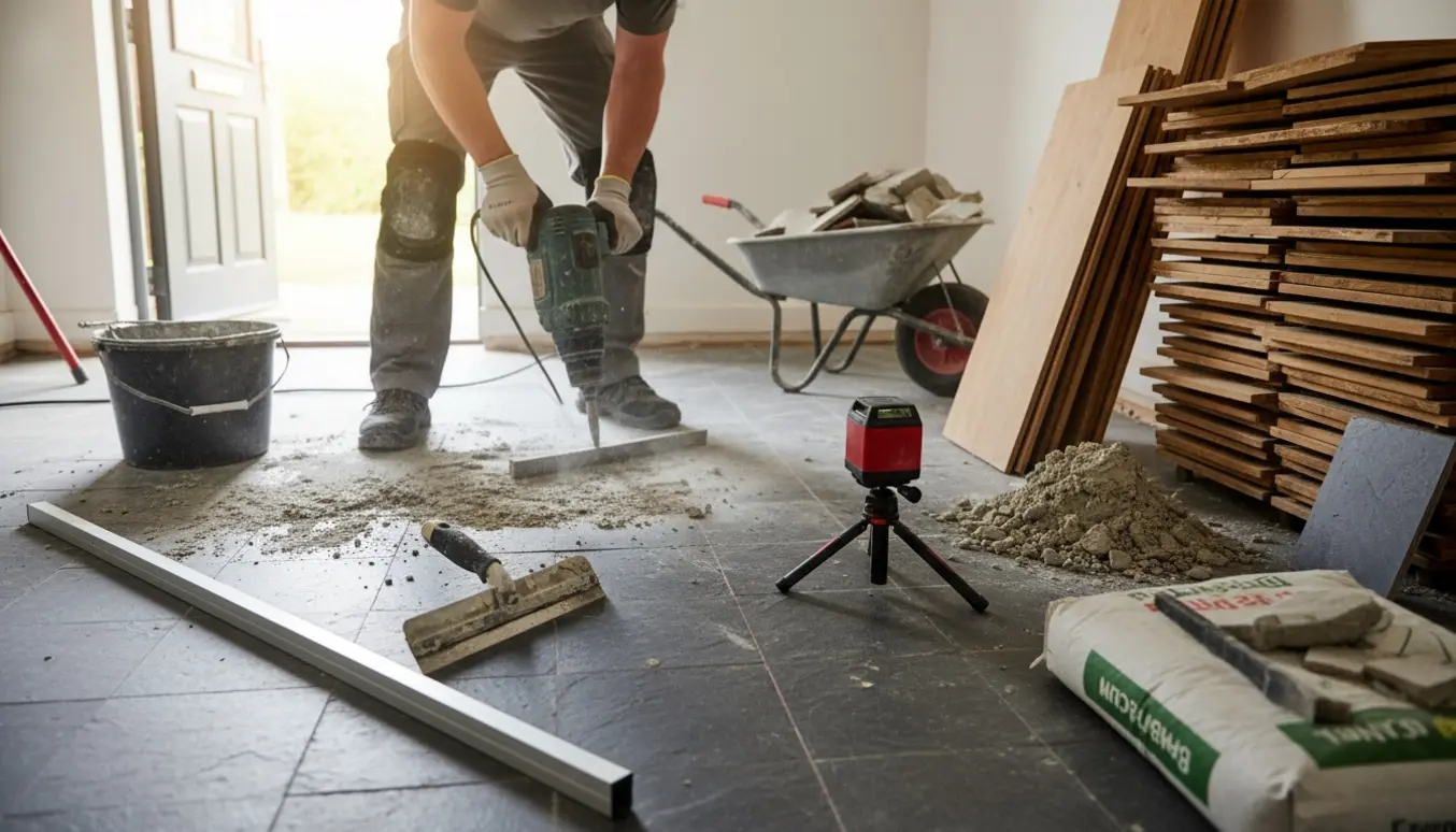 Entre under renovering, hvor en håndværker fjerner flydespartel fra et skifergulv og forbereder gulvet til udjævning.