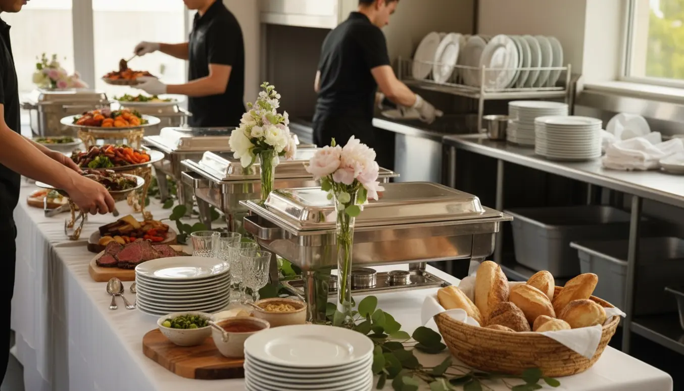 Buffetbord til bryllup med hænder, der anretter fade og en opvaskestation i baggrunden.