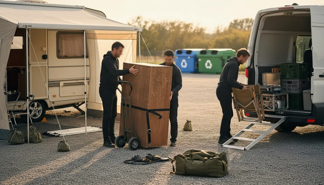 Campingmøbler og køkkenudstyr læsses på en varevogn fra en forteltplads med genbrugscontainere i baggrunden.