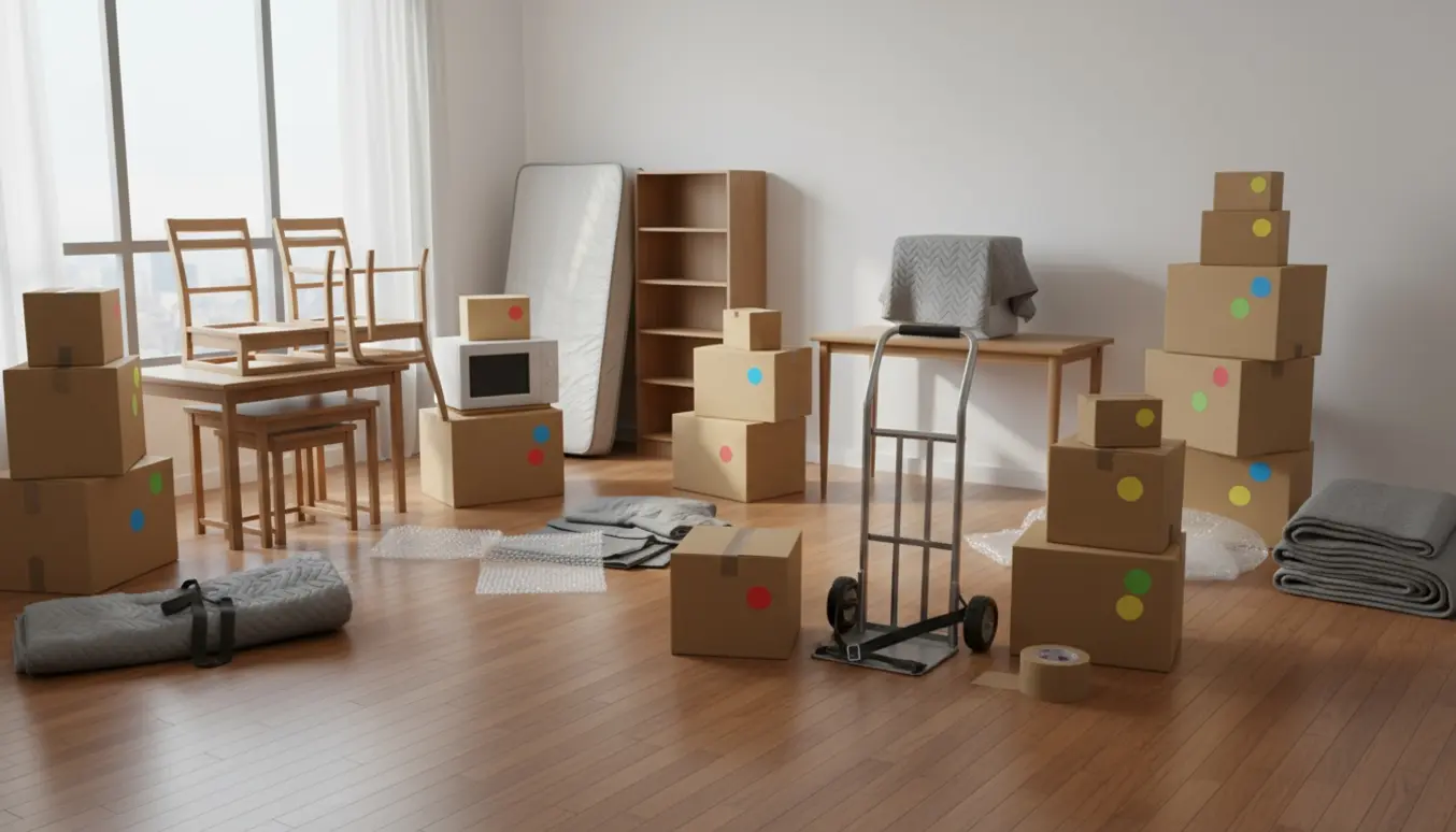 Lejlighed klar til flytning med 20 flyttekasser, møbler, rullede tæpper og en opretstående boxmadras.