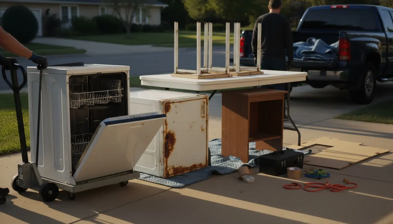 To gamle opvaskemaskiner og et par borde læsses på en varebil til afhentning.