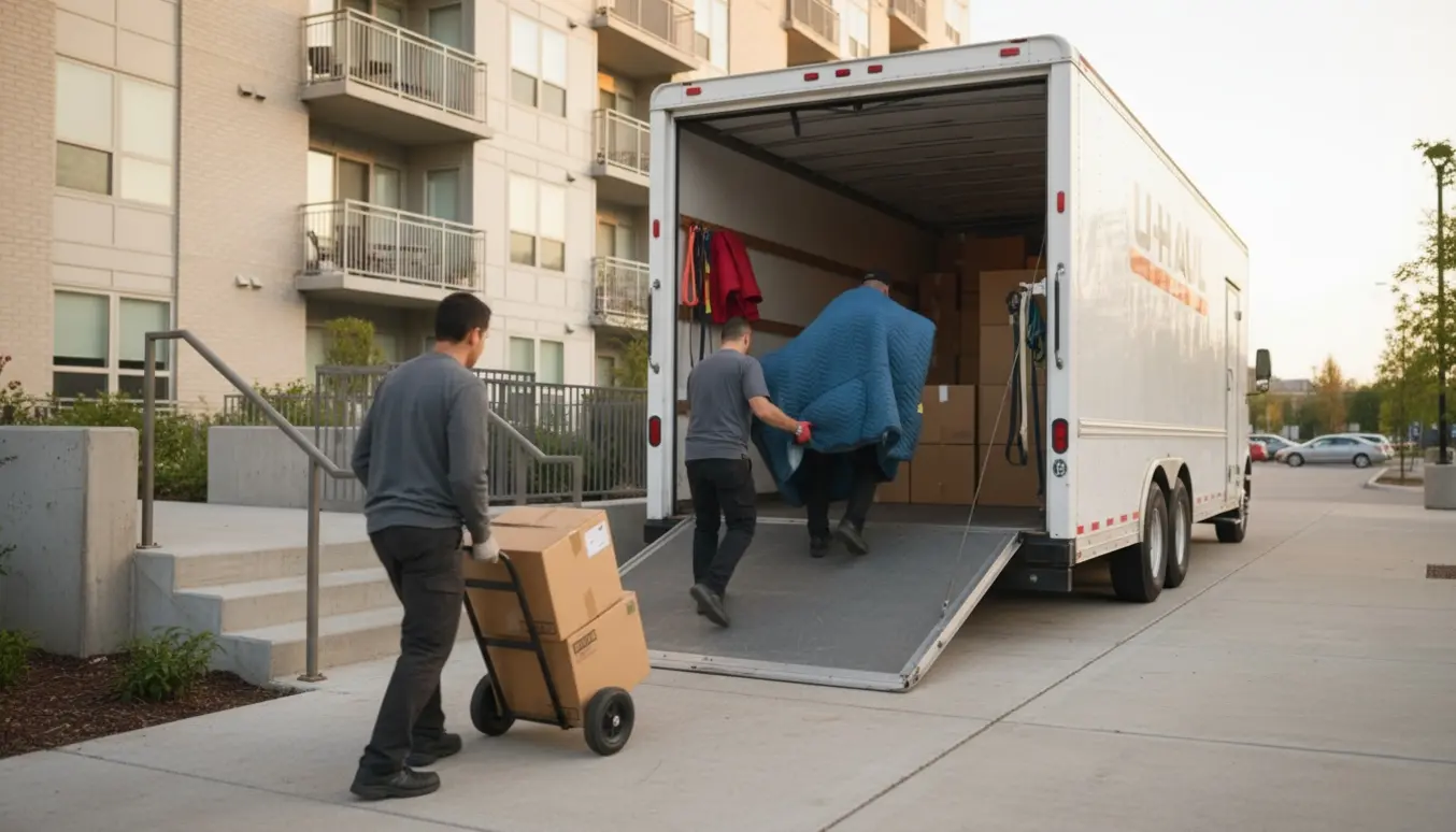 Lukket flyttetrailer udenfor en opgang, flyttefolk bærer kasser op til 2. sal.