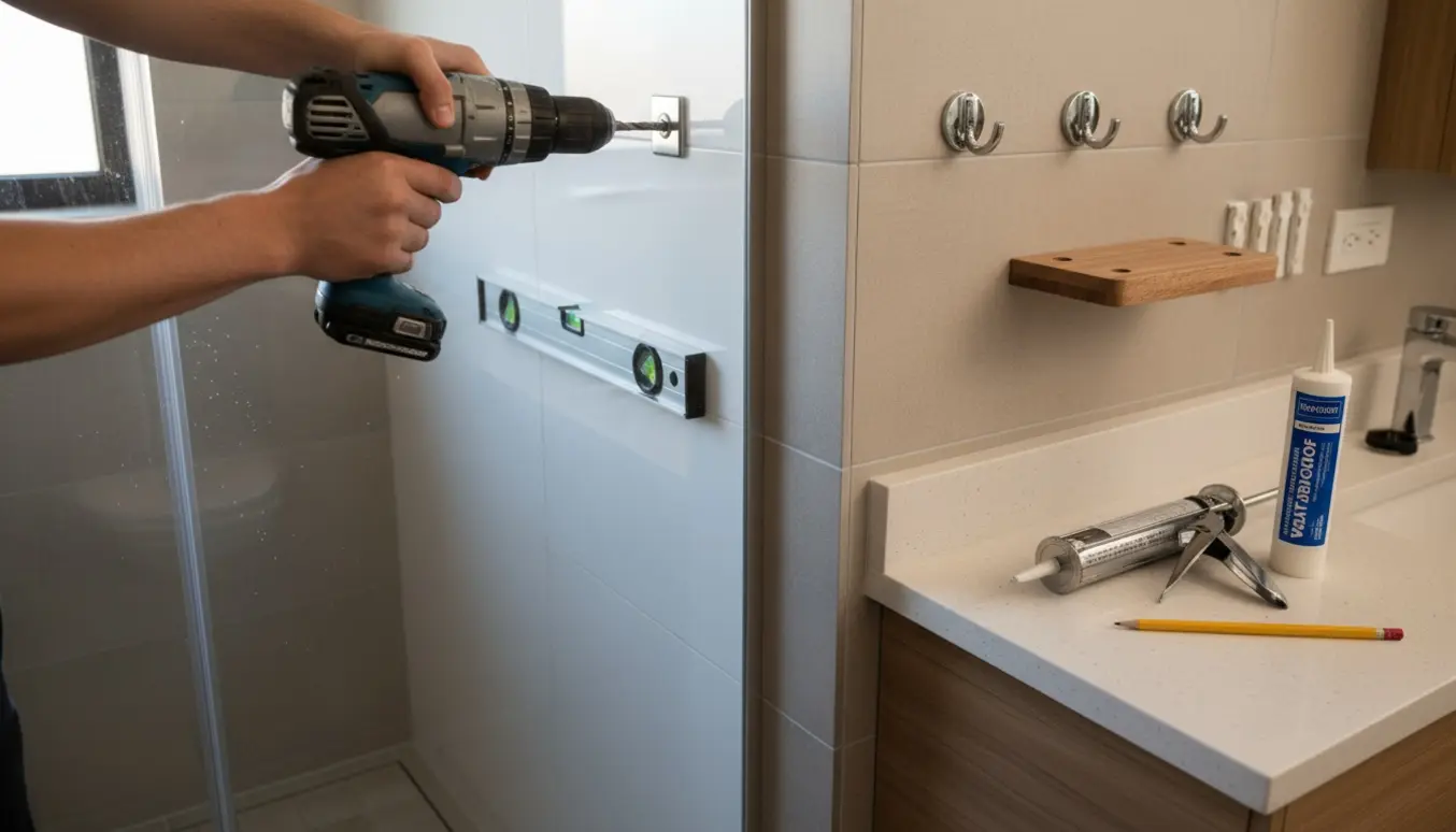 Montering af en vandtæt vægplade i en brusekabine med værktøj og ophæng klar til montering.