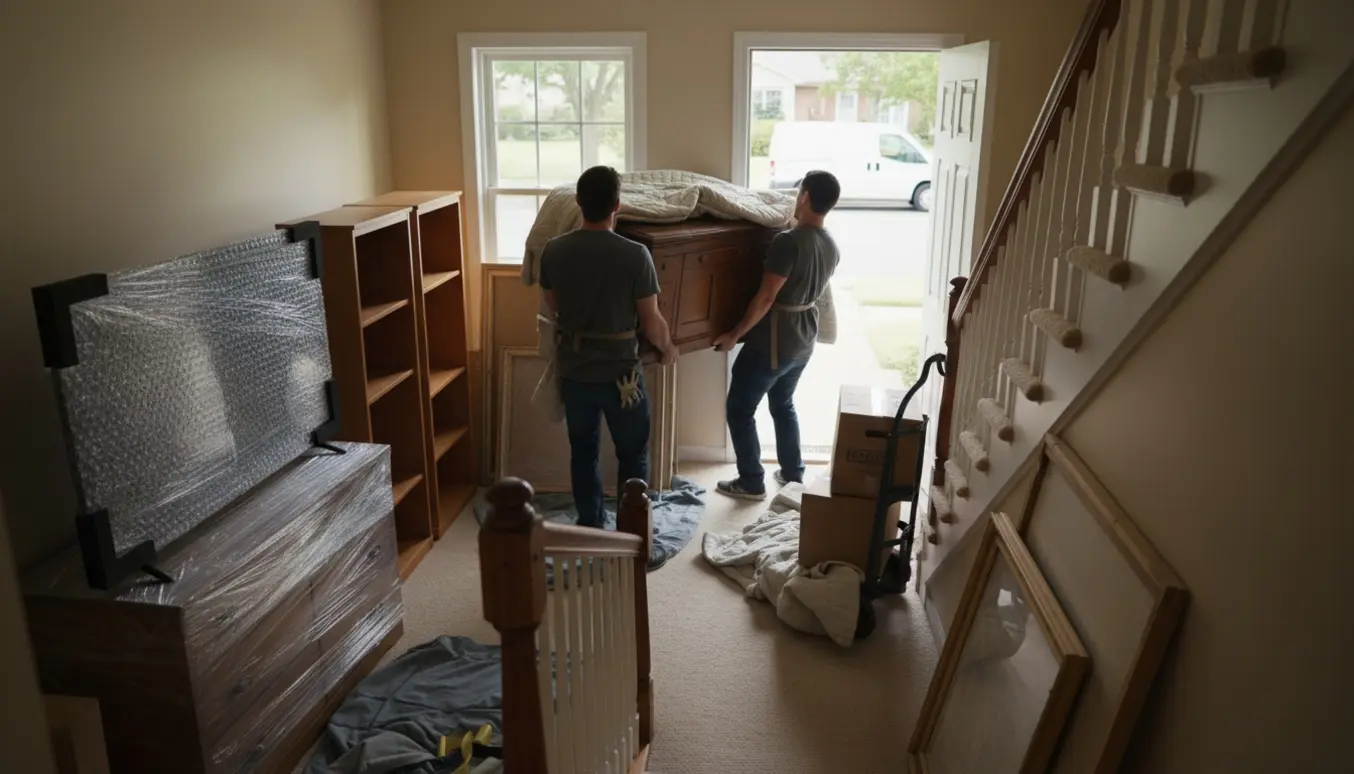 To flyttemænd bærer et indpakket skrivebord ned ad en trappe mod en åben flyttebil med indpakkede møbler og kasser.