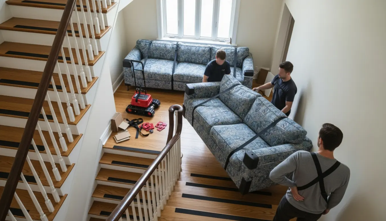 Flyttefolk bærer en stor sofa op ad en trappe, fire mindre sofaer ligger pakket på reposset, og boligejer ses bagfra med hånden i lænden.