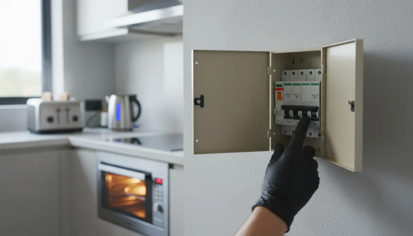 Åbent sikringsskab med en udløst afbryder og et køkken i baggrunden med ovn og apparater.