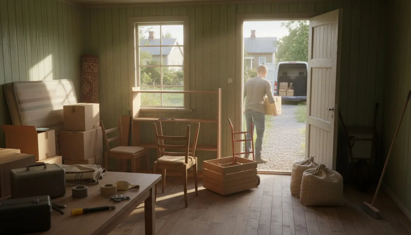 Interiør af et småt kolonihavehus under tømning med kasser, møbler og en varevogn udenfor.