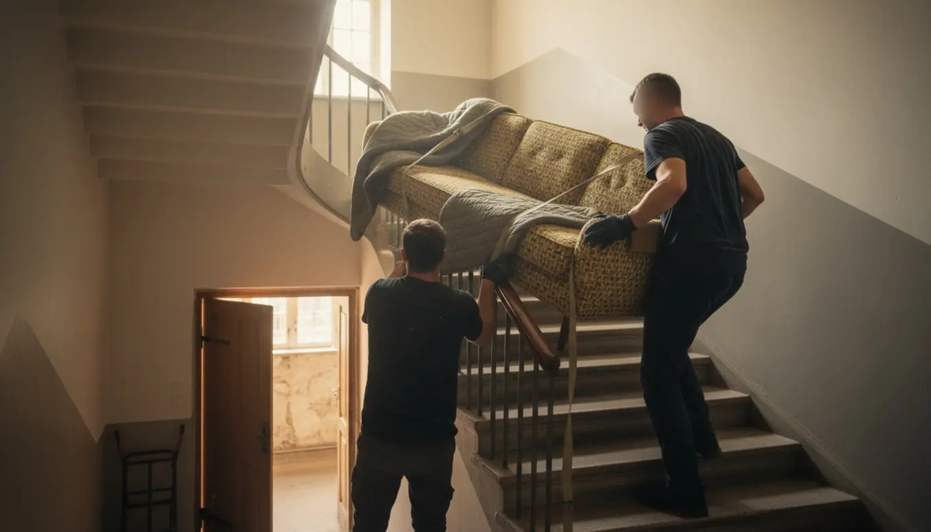 To personer bærer en sofa op ad en smal trappe fra kælder til 3. sal i en københavnsk opgang.