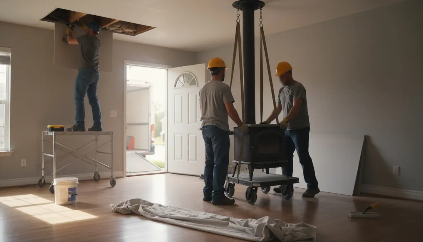 Håndværkere fjerner en tung, gammel brændeovn og lapper et hul i loftet mellem stue, 1. sal og loft.
