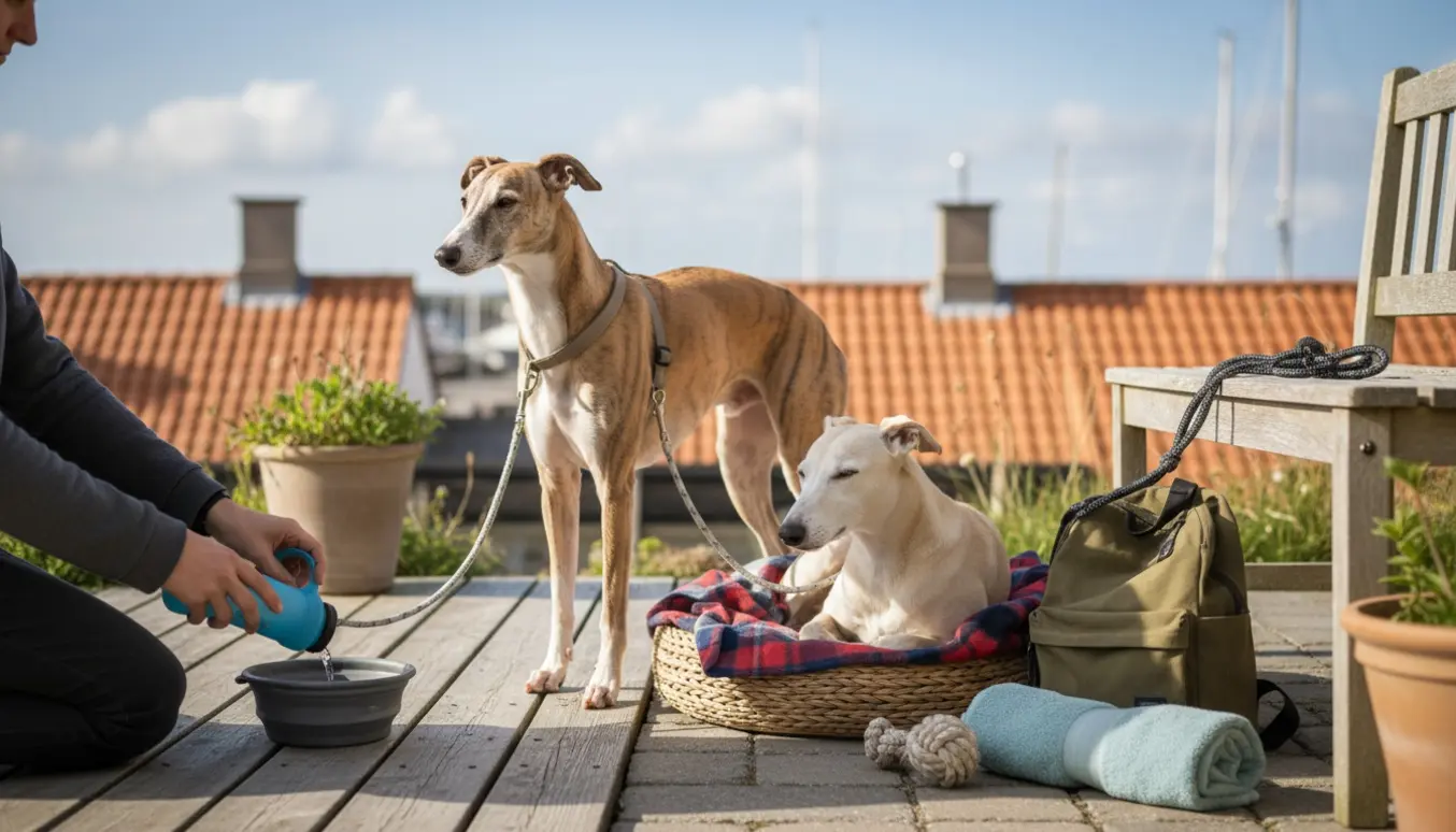 To whippets bliver passet i et solrigt havnemiljø i Kalundborg, med en hundepasser set bagfra og hundeudstyr i nærheden.