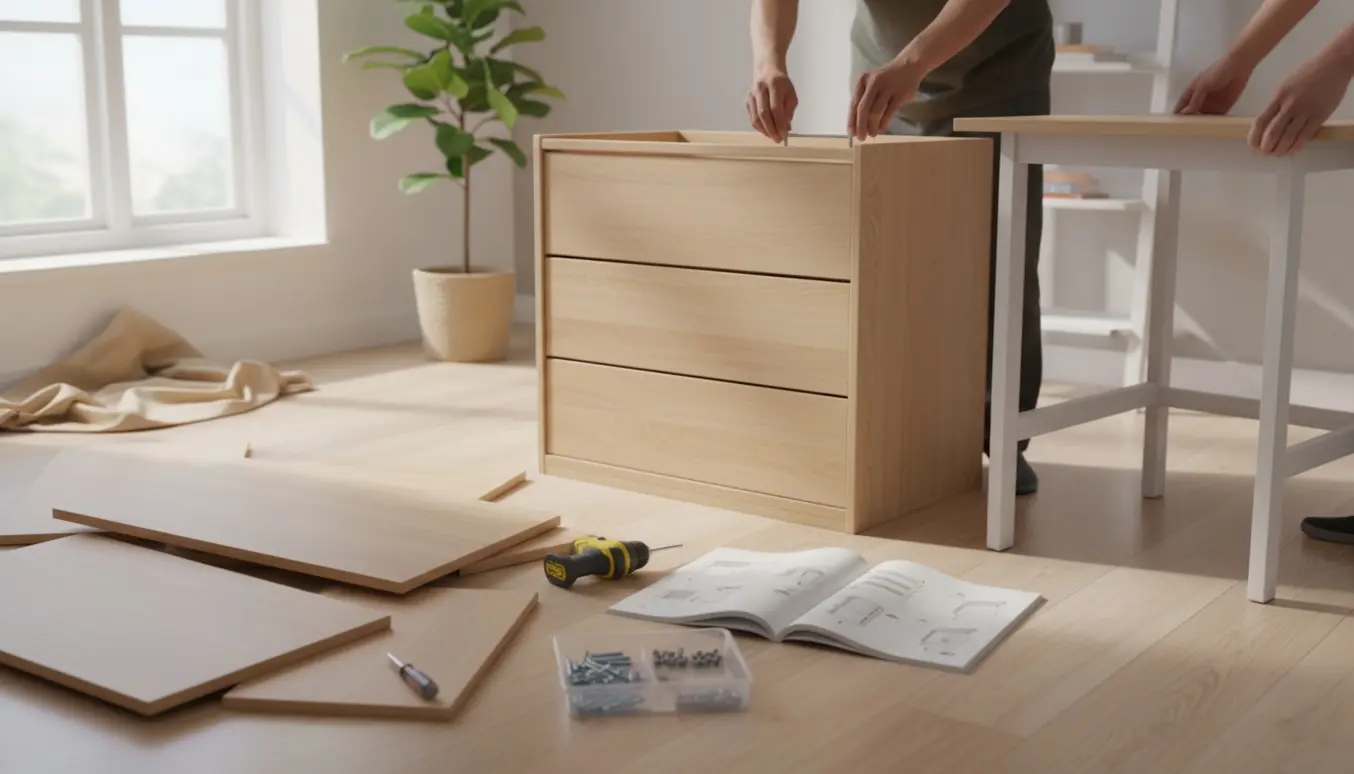 Hænder samler en IKEA-kommode, mens en bordplade løftes af en stigereol i et lyst rum.