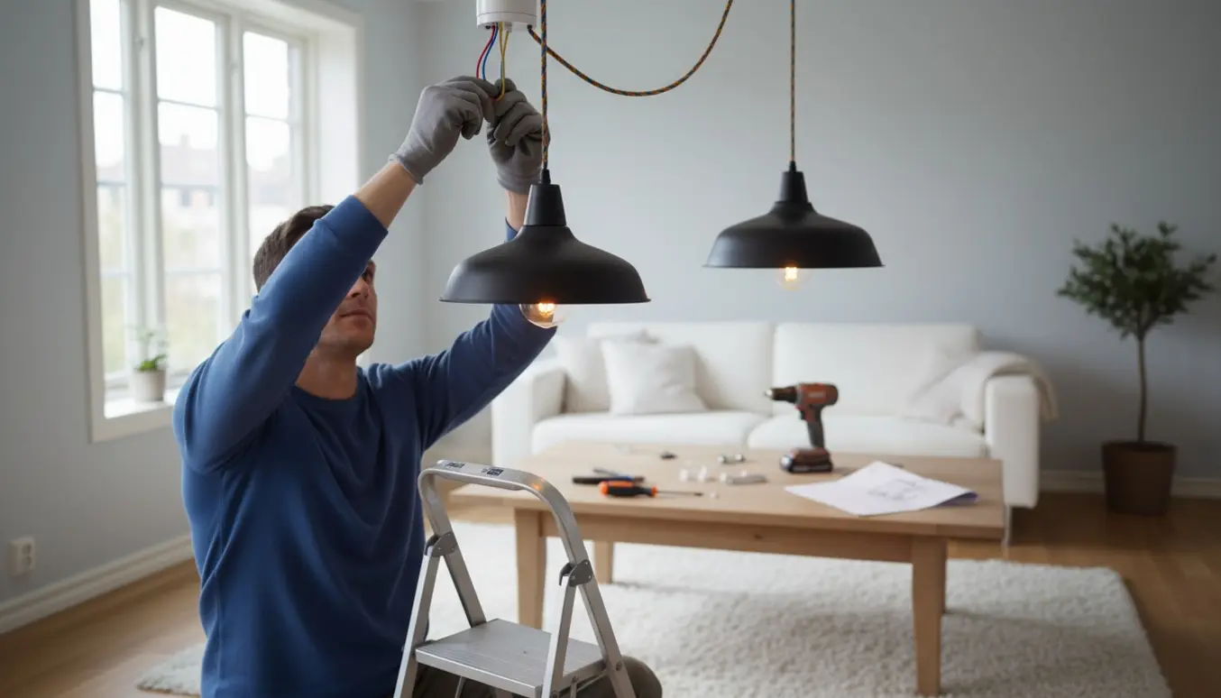 Hænder i handsker monterer og tilslutter to pendellamper i en lys stue med værktøj på et bord.