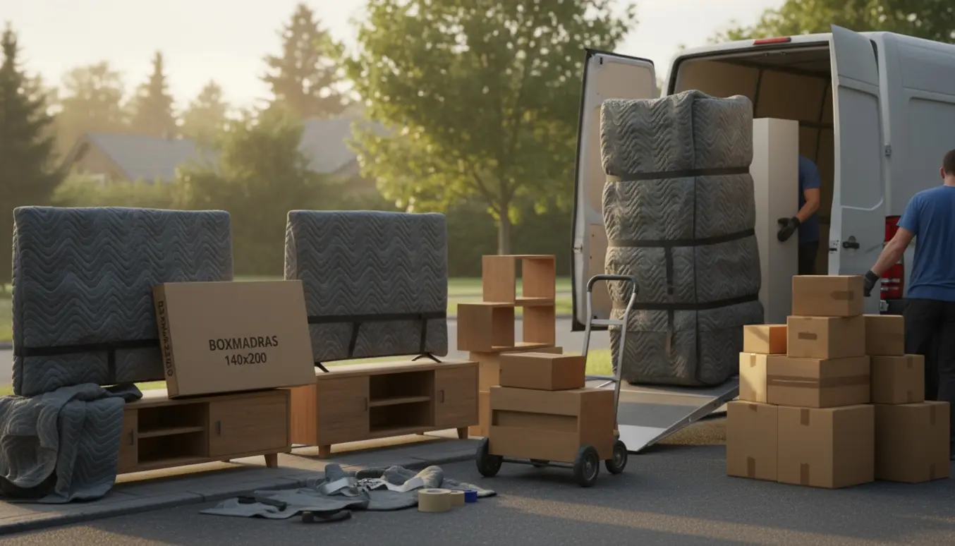 Åben flyttevogn med møbler, en boxmadras (140x200), to indpakkede fjernsyn og omkring 25–30 flyttekasser.