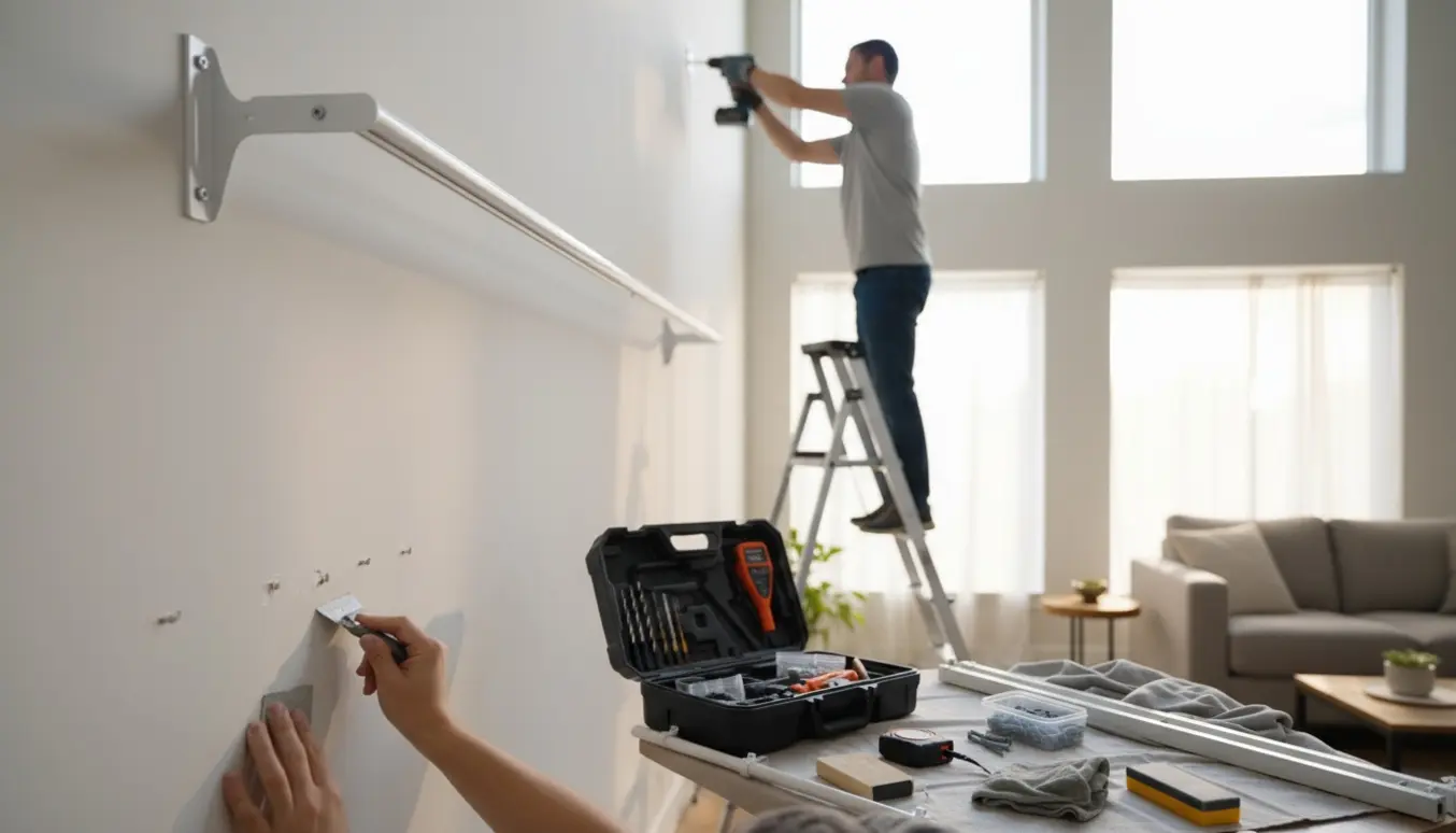 Hænder monterer en hvid gardinstang højt over et stort vindue med værktøj og nyligt lappede huller i forgrunden.