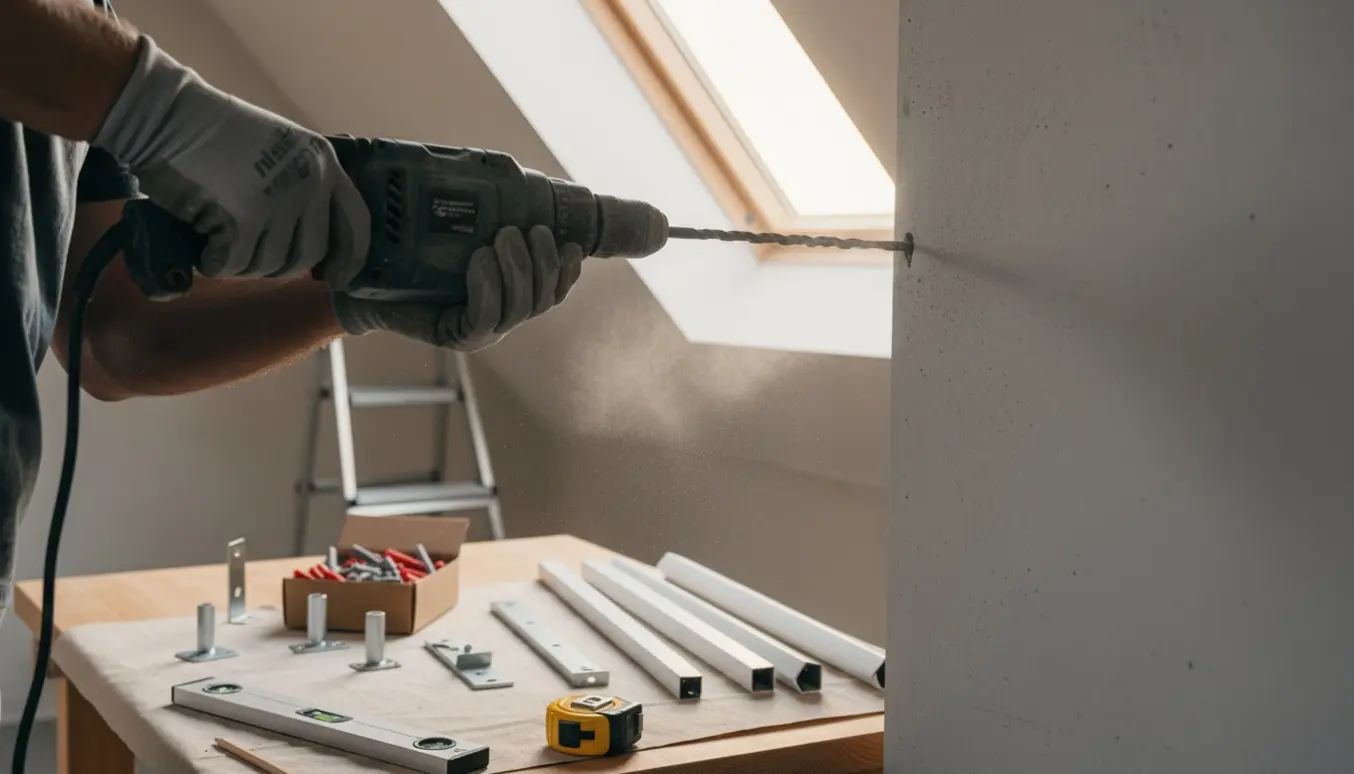Nærbillede af borearbejde i en betonvæg med værktøj og rawlplugs klar til montering af kroge, hylder og rullegardiner.