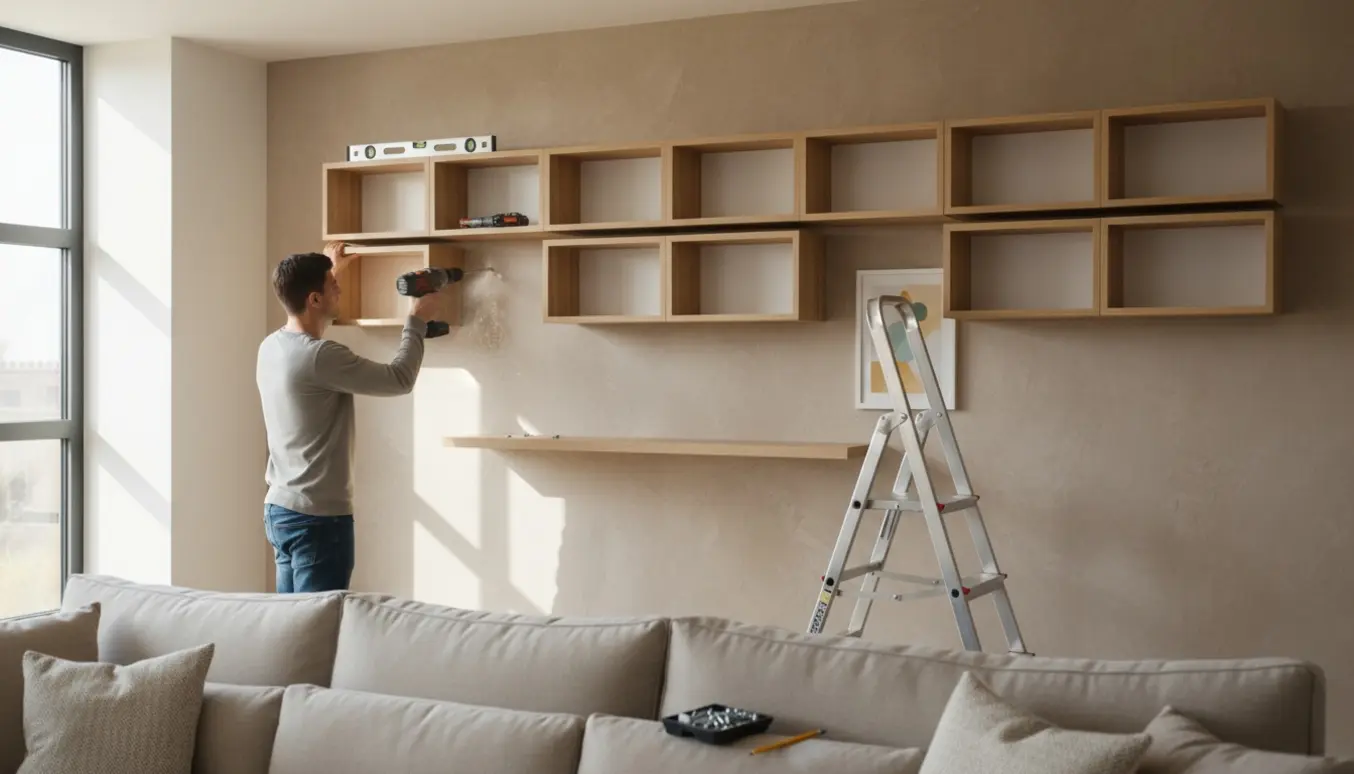 Ti bogkasser (54x36 cm) opsat under loftet over en sofa med værktøj og en stige i en lys stue.
