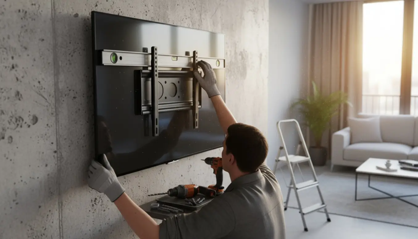 Montage af et 65 tommer fladskærms-tv på en betonvæg med vægbeslag og boremaskine.