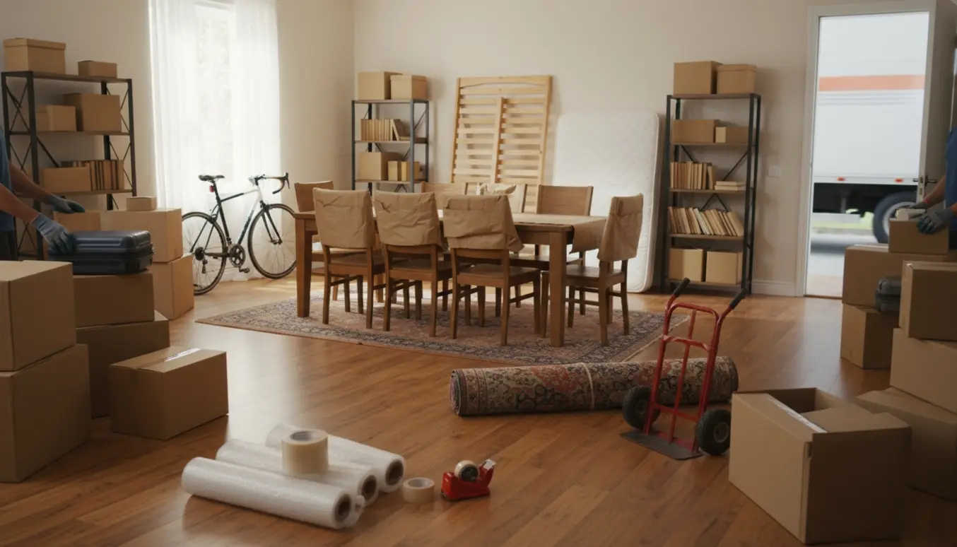 Stak af flyttekasser, kufferter, møbler og cykler i en lys lejlighed klar til flytning.