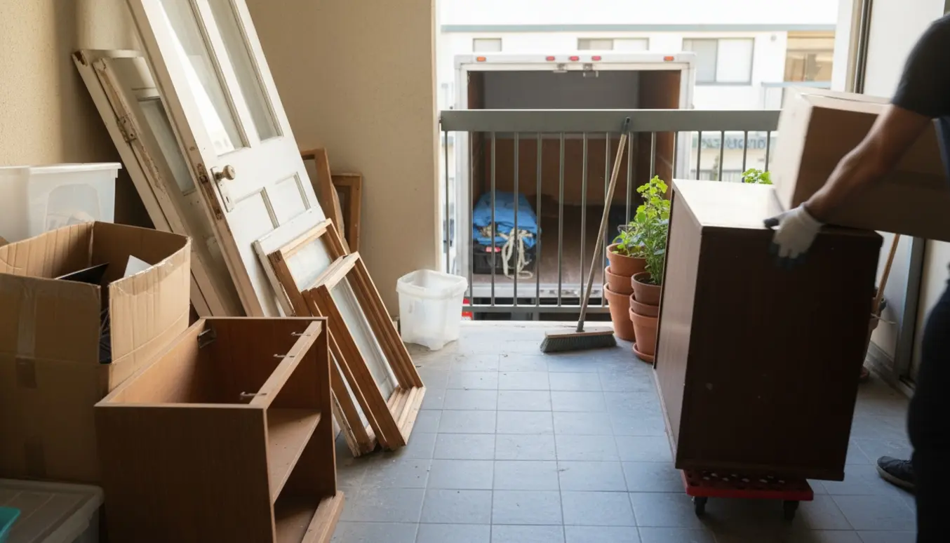 Altan under oprydning med papkasser, et skab og flere døre, mens handsker og en trillebør bruges.