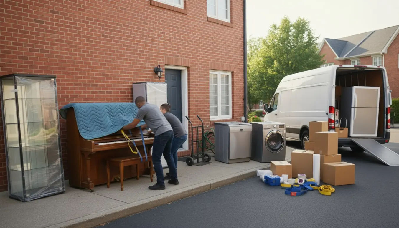 Flyttefolk manøvrerer et indpakket opretstående klaver ved en åben flyttevogn mellem to huse med indpakkede møbler og udstyr.