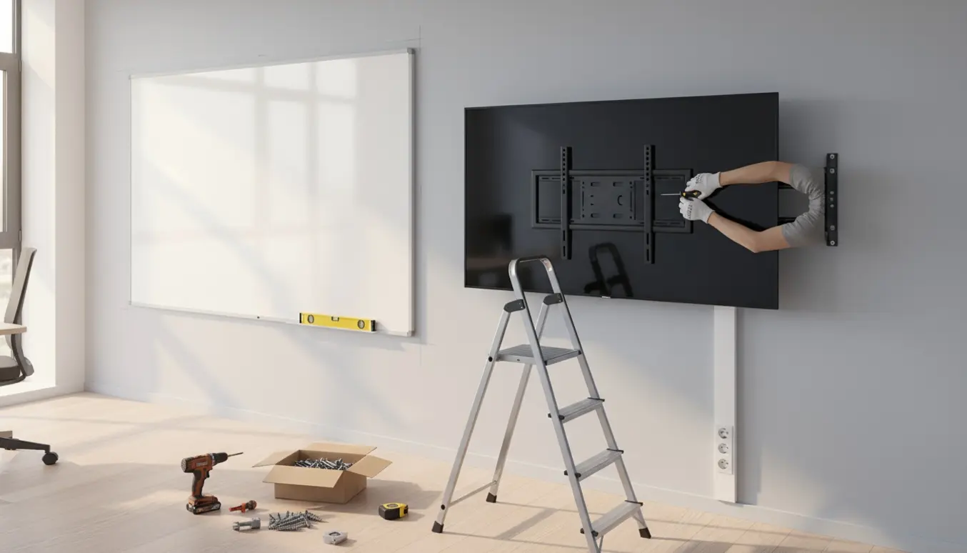Montage af et stort whiteboard og et 55" TV på en kontormur med værktøj i forgrunden.