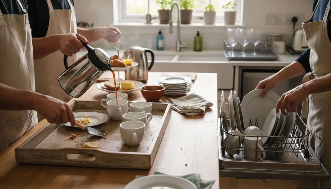 Hænder serverer kaffe og rydder op efter fest med kopper, fade og åben opvaskemaskine i et lyst køkken.