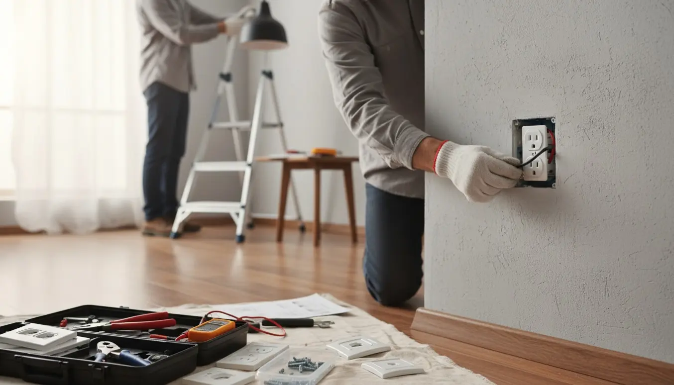 Hænder udskifter en vægstikkontakt i en lys stue med værktøj og en stige til loftslampeinstallation.